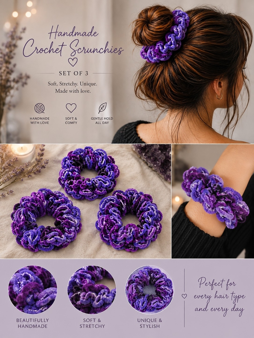 Handmade Purple Crochet Scrunchies - Pack of 3